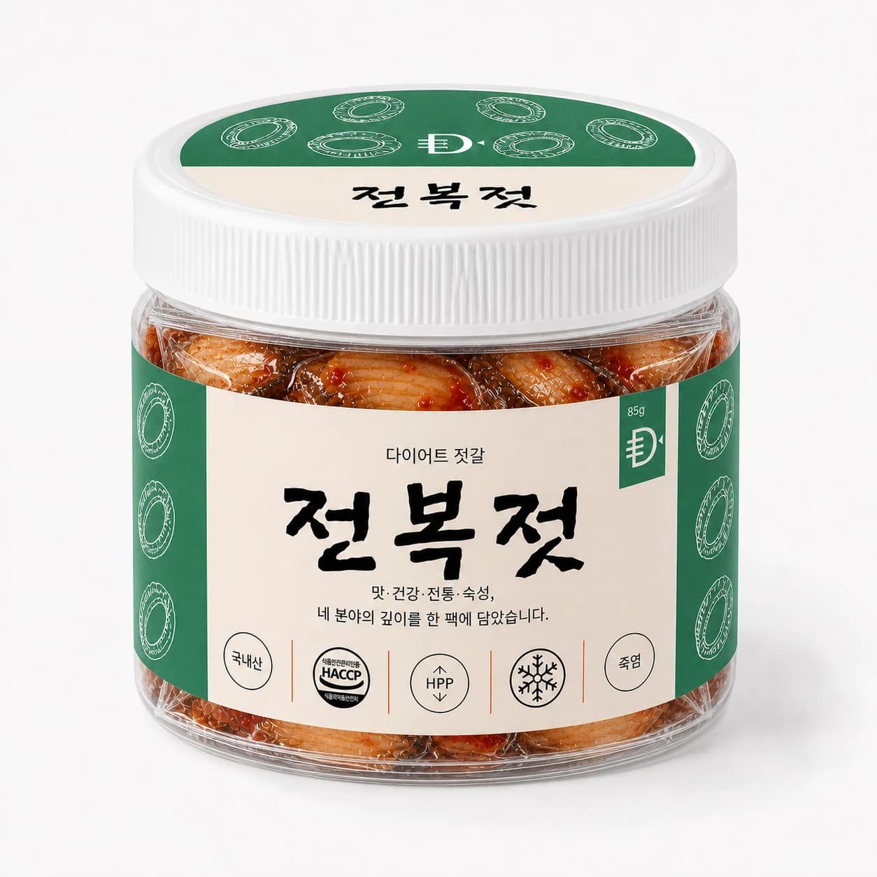 전복젓 85g 투명 원형 용기 — 가정 상비 · 식탁에 그대로